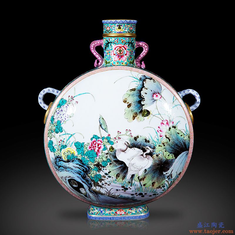 景德镇陶瓷器仿清雍正珐琅彩松鹤双耳扁瓶中式客厅装饰收藏品摆件