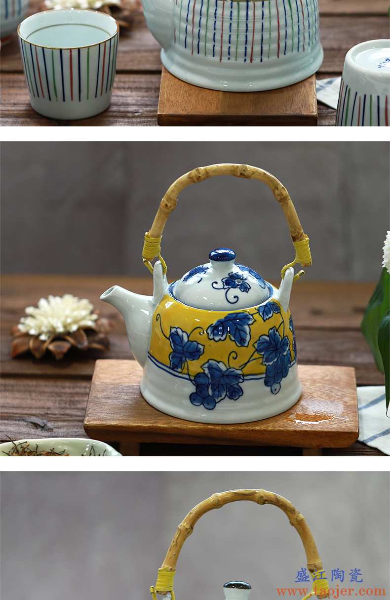 三分烧手提茶壶和风茶具单壶日式陶瓷花茶壶套装家用茶水壶提梁壶