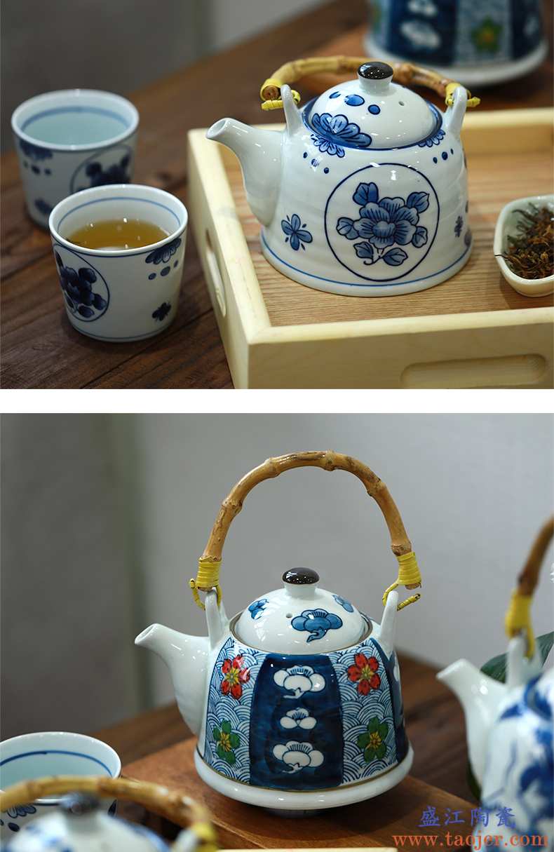 三分烧手提茶壶和风茶具单壶日式陶瓷花茶壶套装家用茶水壶提梁壶