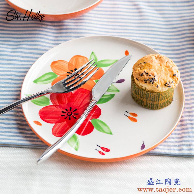 北欧ins手绘彩色欧式家用陶瓷牛排西餐盘菜盘摆盘大盘子碟子餐具