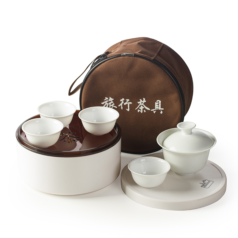 陶瓷旅行功夫茶具套装 车载迷你茶具野外便携茶具酒店泡茶带茶盘